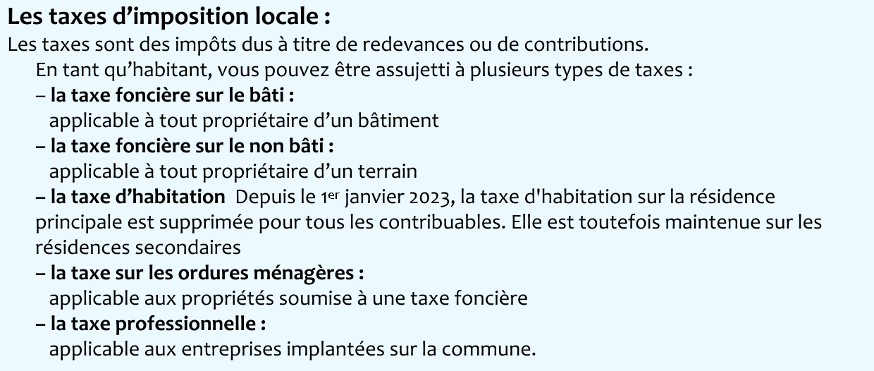 Les taxes d’imposition locale :